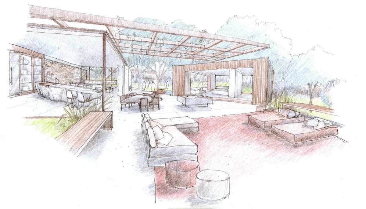 outdoor indoor house sketch Biệt thự không có sự phân chia không gian nội thất và ngoại thất