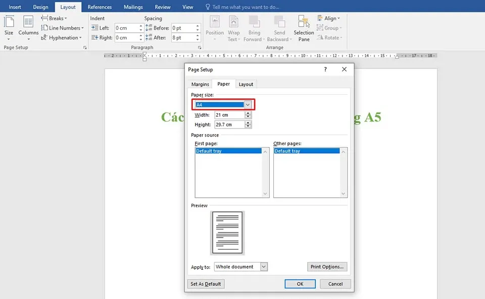 2 cách chuyển từ khổ giấy A4 sang A5 trong Word