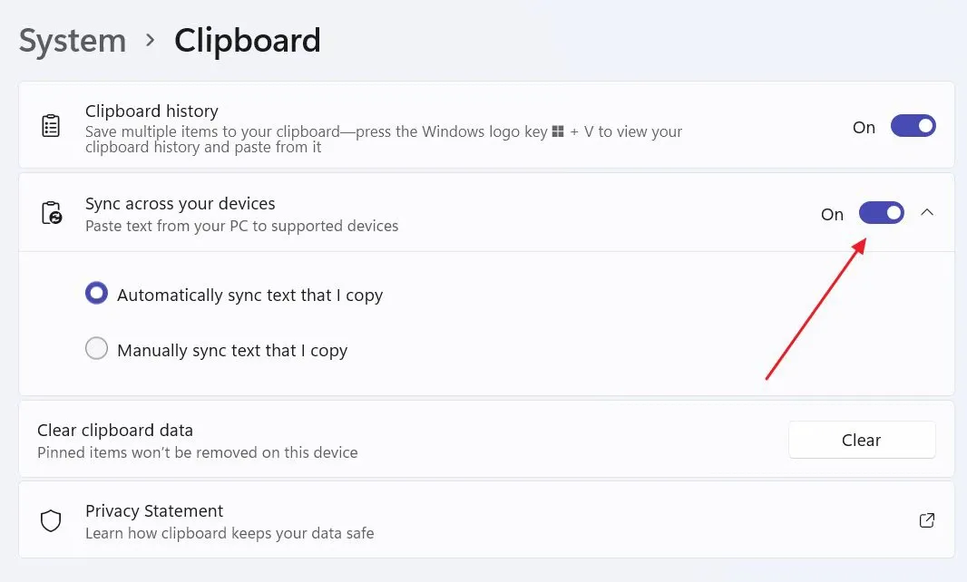 Cách bật hoặc tắt đồng bộ hóa Clipboard trên Windows 11