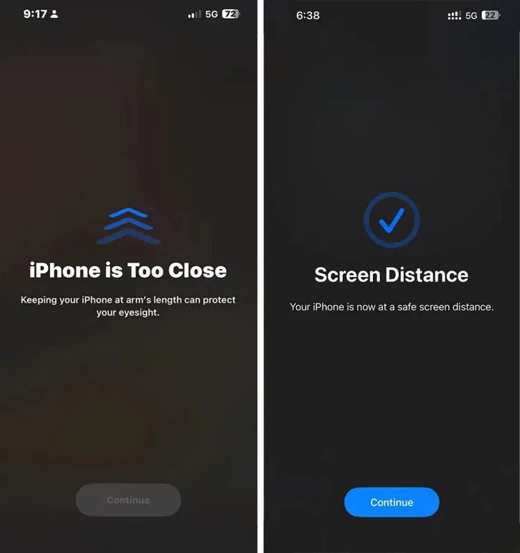 Cách bật tắt cảnh báo khoảng cách màn hình bảo vệ mắt Screen Distance trên iOS 17