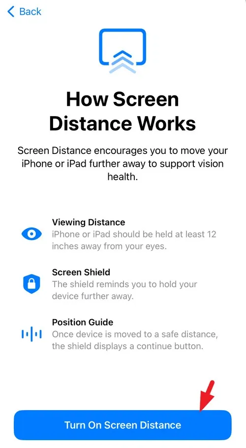 Cách bật tắt cảnh báo khoảng cách màn hình bảo vệ mắt Screen Distance trên iOS 17