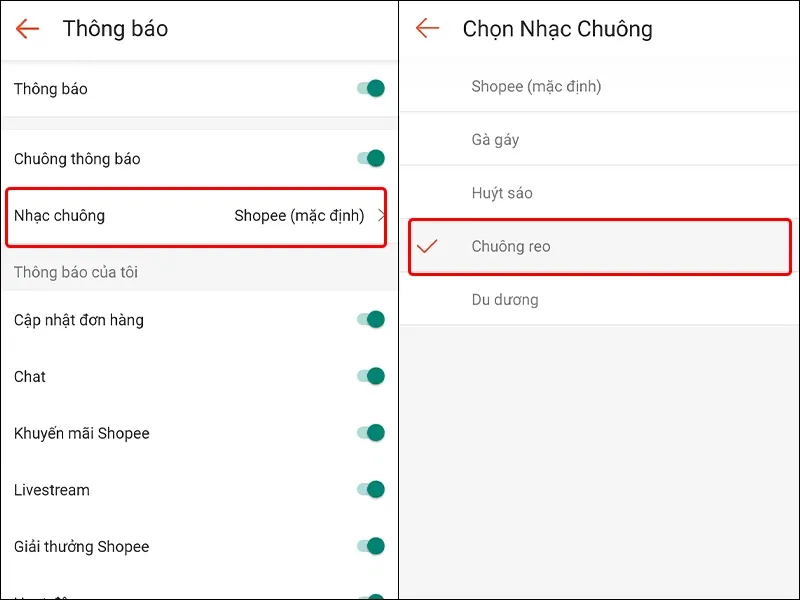 Cách bật thông báo và thay đổi nhạc chuông Shopee cực dễ