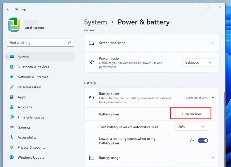 Cách bật trình tiết kiệm pin trên Windows 11