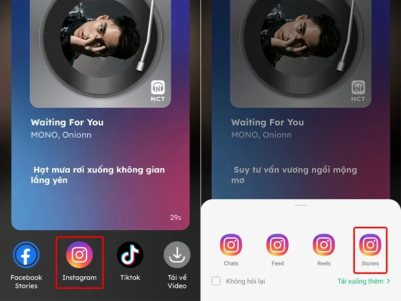 Cách chia sẻ bài hát lên story Instagram bằng ứng dụng Nhaccuatui