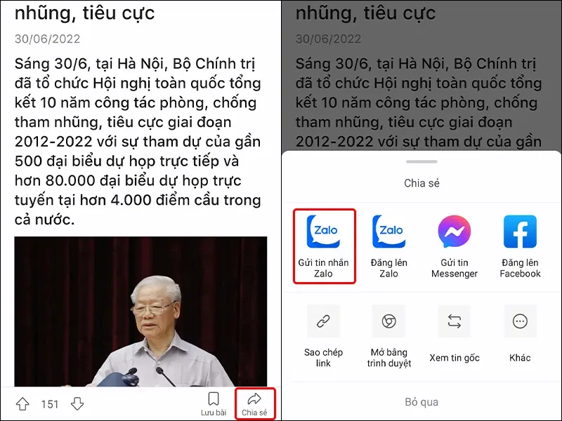 Cách chia sẻ tin tức trên Báo Mới qua Zalo vô cùng đơn giản