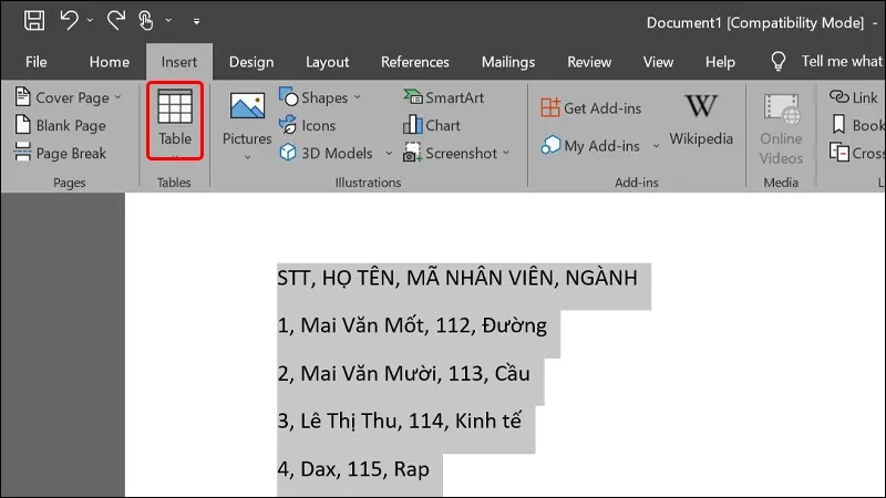 Cách chuyển đổi văn bản sang dạng bảng hàng loạt trong Word cực dễ