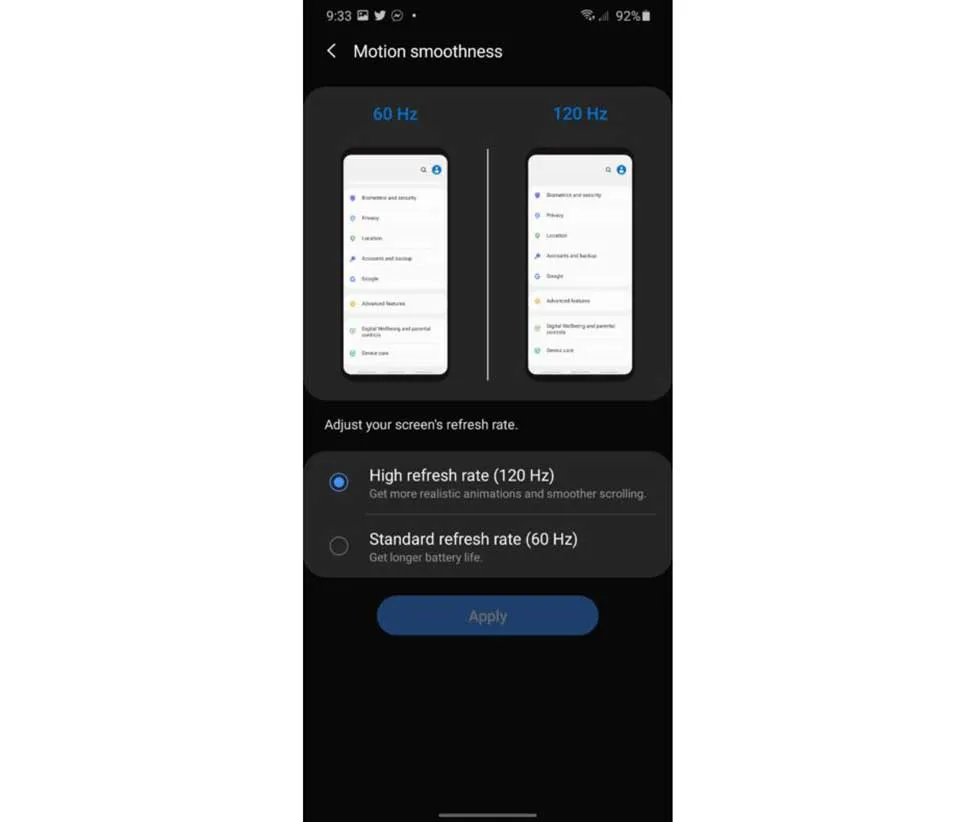 Cách chuyển sang màn hình 120Hz trên Samsung Galaxy S20