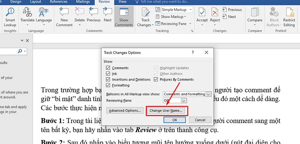 Cách đổi tên người comment trong Word