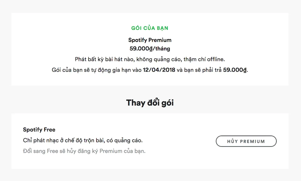 Nhấn "Huỷ Premium" để huỷ dùng thử gói Spotify Premium.