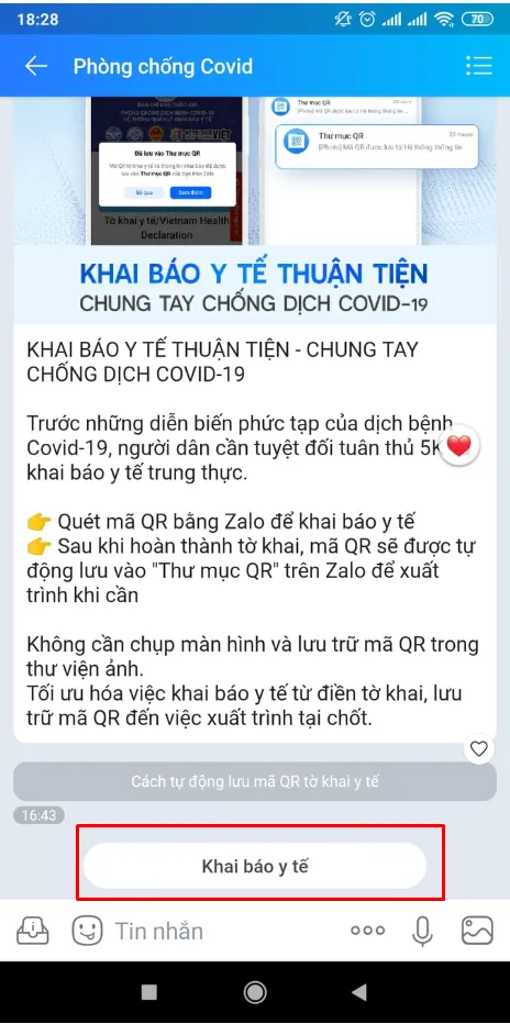 Cách khai báo y tế nhanh bằng Zalo khi ra vào các chốt kiểm dịch