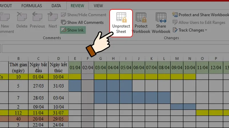  Nhấn "Unprotect Sheet" 