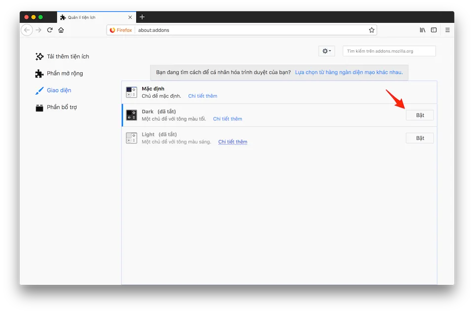 Nhấn "Bật" ở tùy chọn Dark.