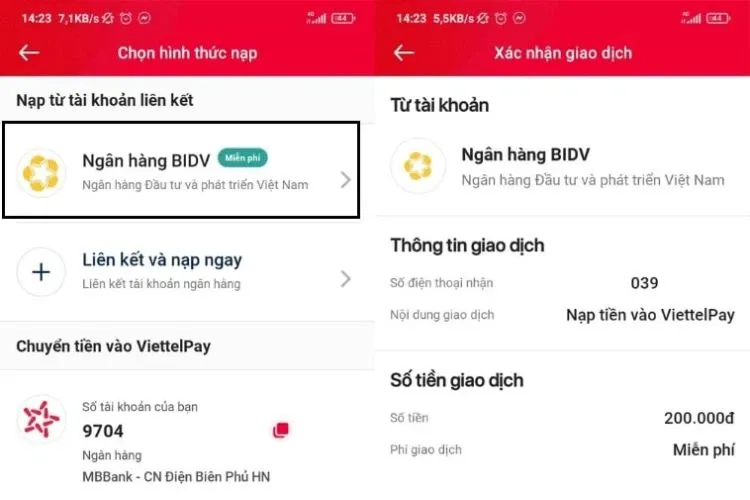 Cách nạp tiền vào ViettelPay trực tiếp và qua tài khoản ngân hàng