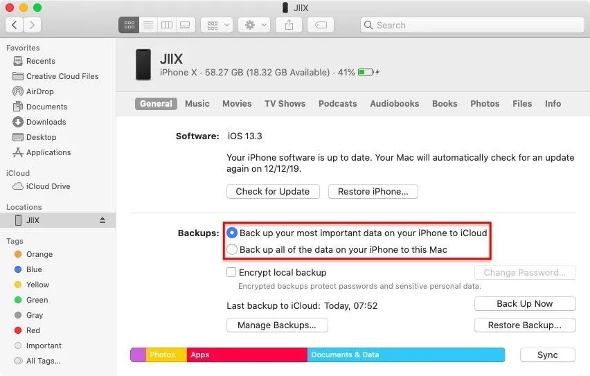 Cách sao lưu iPhone 11 với thanh Finder trên macOS Catalina