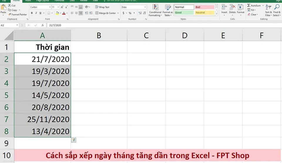 Cách sắp xếp ngày tháng tăng dần trong Excel