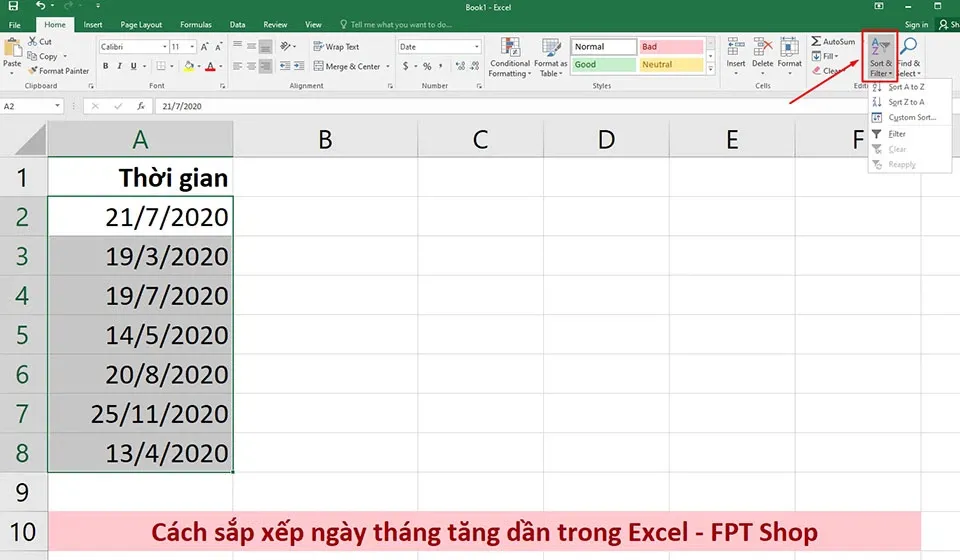 Cách sắp xếp ngày tháng tăng dần trong Excel