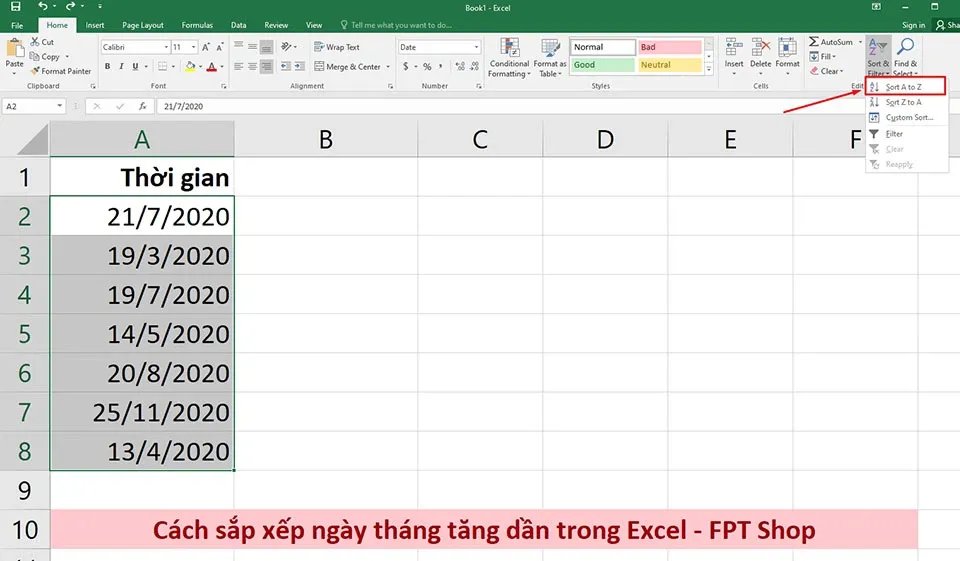 Cách sắp xếp ngày tháng tăng dần trong Excel