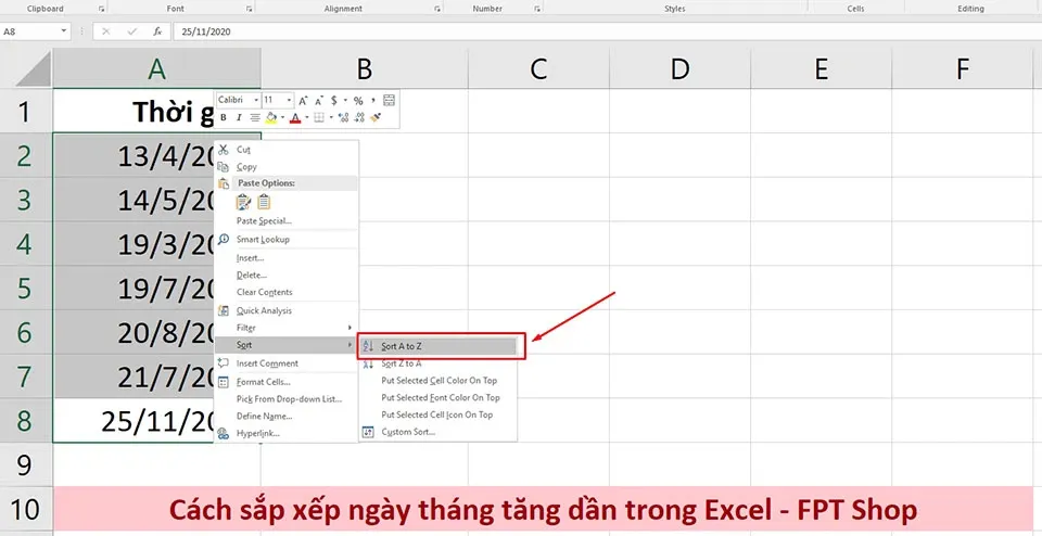 Cách sắp xếp ngày tháng tăng dần trong Excel