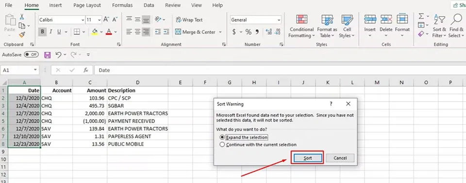 Cách sắp xếp ngày tháng tăng dần trong Excel