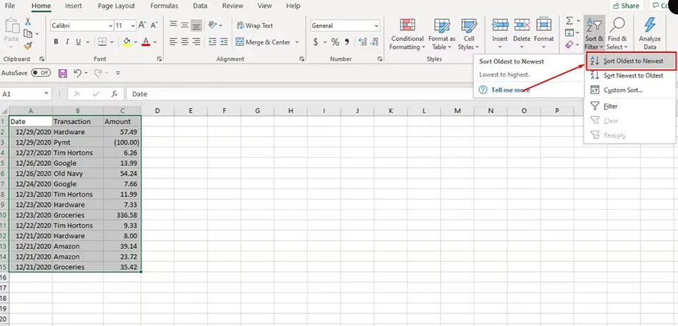 Cách sắp xếp ngày tháng tăng dần trong Excel