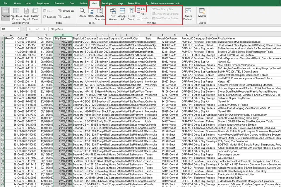 Cách sử dụng chức năng Split để chia tách trang tính trong Excel