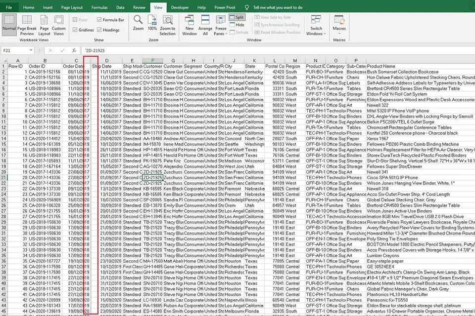 Cách sử dụng chức năng Split để chia tách trang tính trong Excel