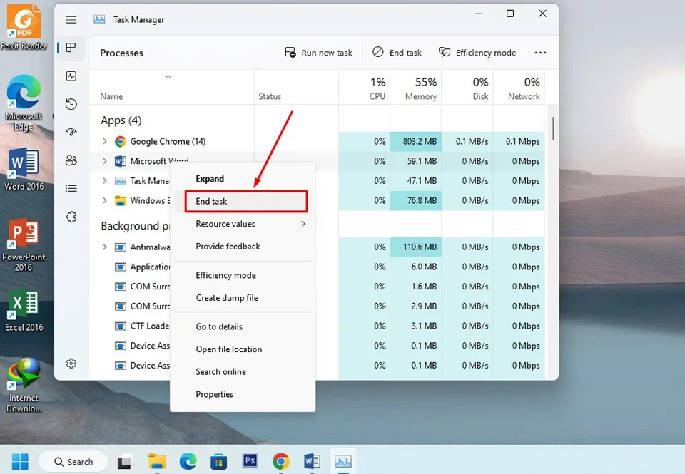 Cách sử dụng End Task trong Windows 11 để đóng mọi chương trình đang chạy