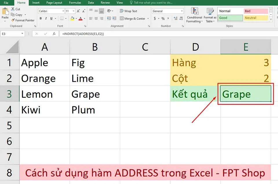 Cách sử dụng hàm ADDRESS trong Excel