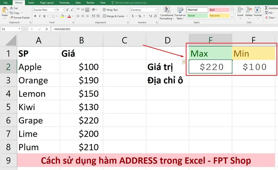 Cách sử dụng hàm ADDRESS trong Excel