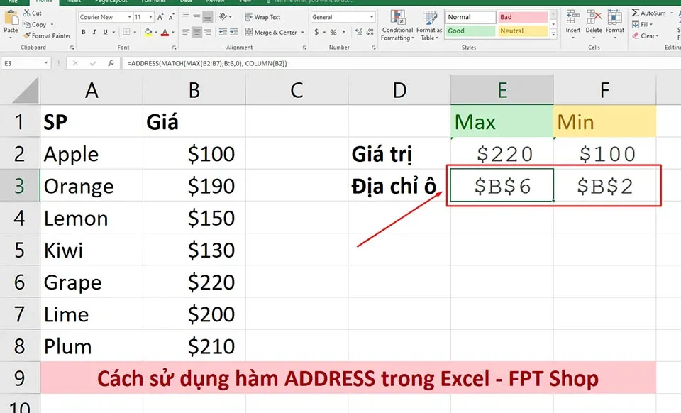 Cách sử dụng hàm ADDRESS trong Excel