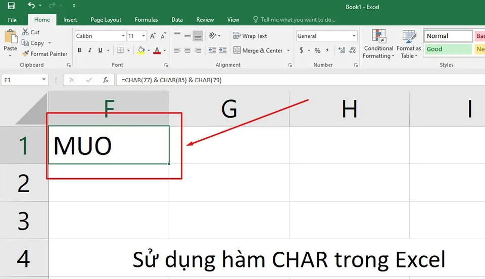 Cách sử dụng hàm CHAR trong Excel