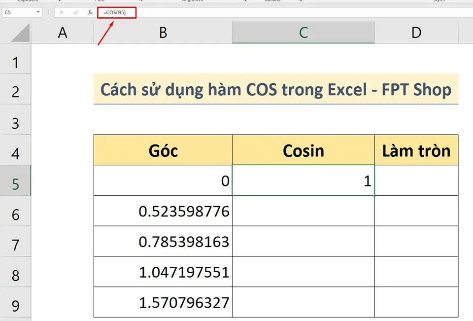 Cách sử dụng hàm COS trong Excel