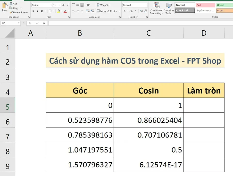 Cách sử dụng hàm COS trong Excel