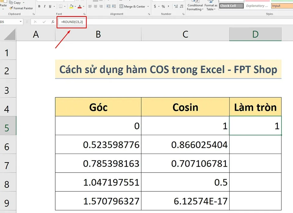 Cách sử dụng hàm COS trong Excel