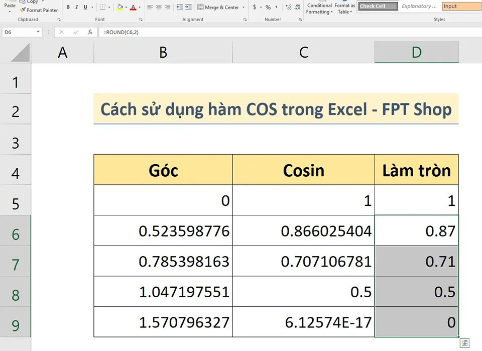 Cách sử dụng hàm COS trong Excel