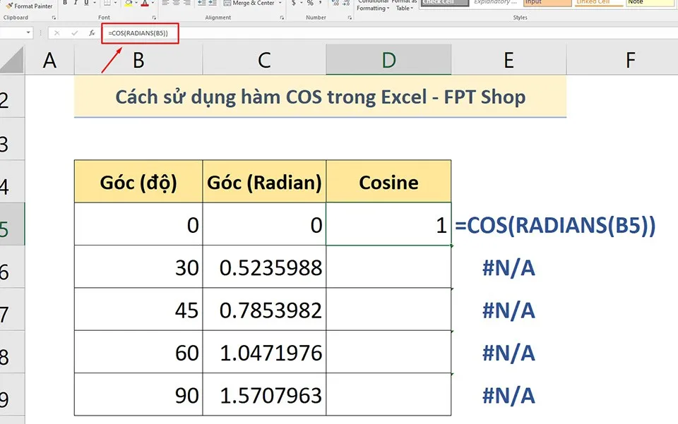 Cách sử dụng hàm COS trong Excel