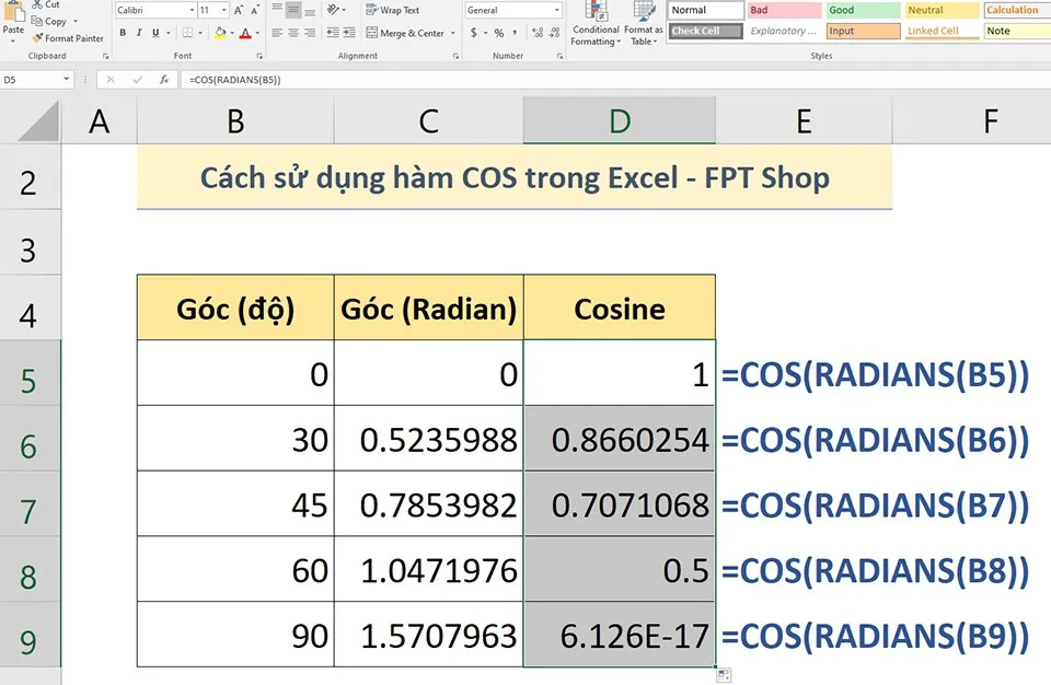 Cách sử dụng hàm COS trong Excel