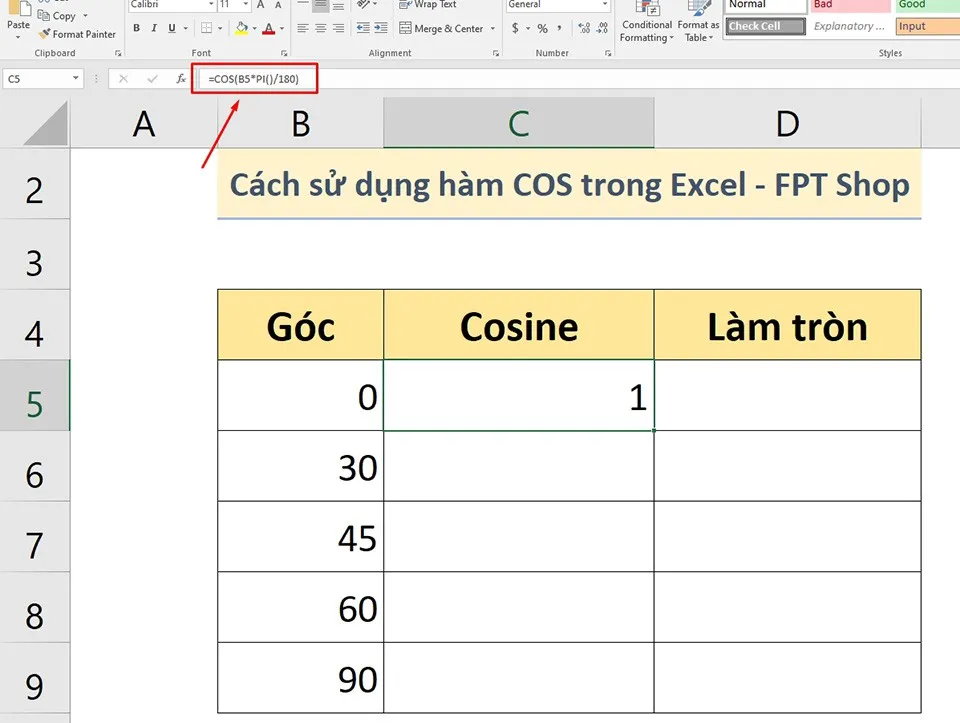 Cách sử dụng hàm COS trong Excel