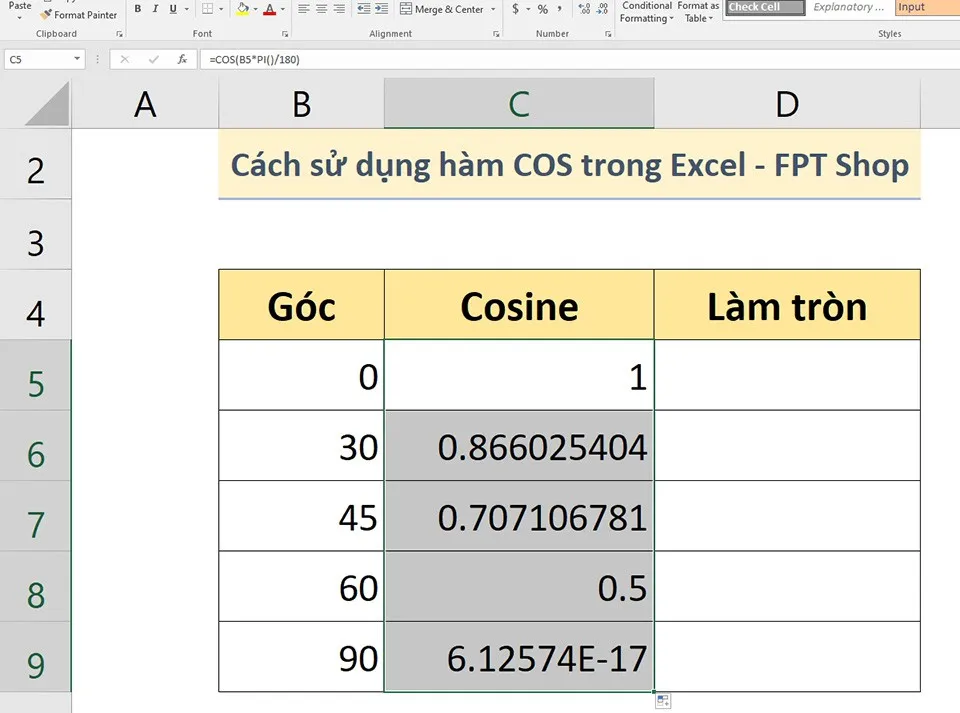 Cách sử dụng hàm COS trong Excel