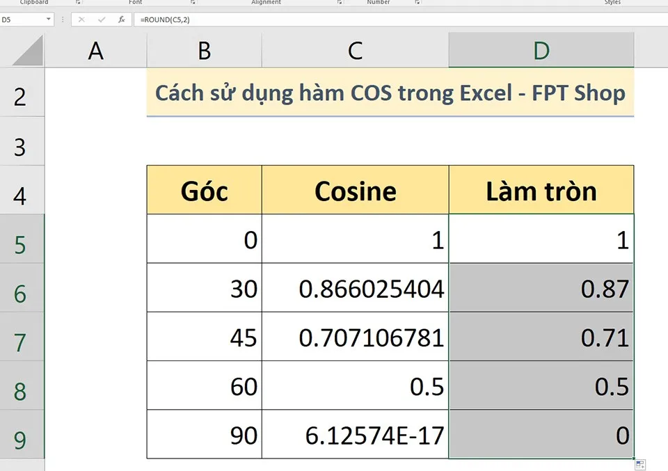 Cách sử dụng hàm COS trong Excel