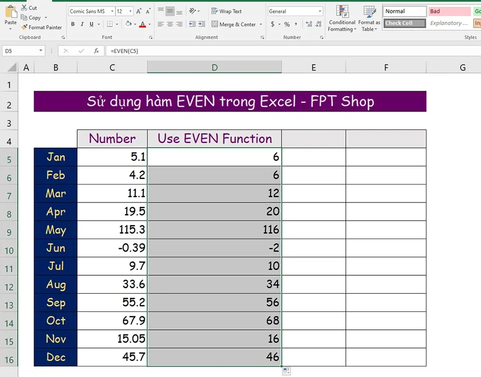 Cách sử dụng hàm EVEN trong Excel