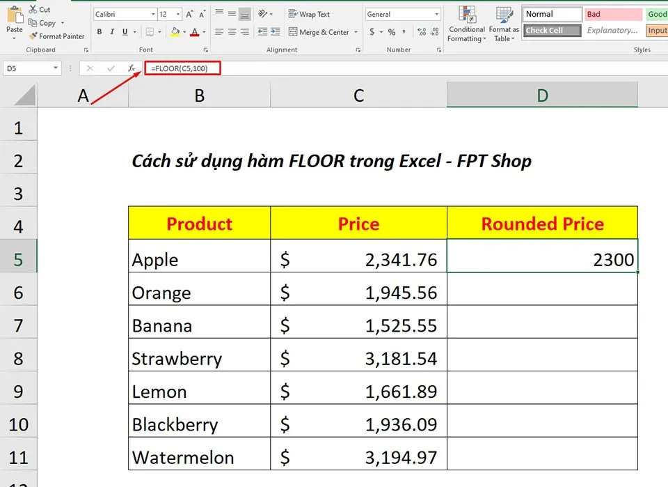 Cách sử dụng hàm FLOOR trong Excel