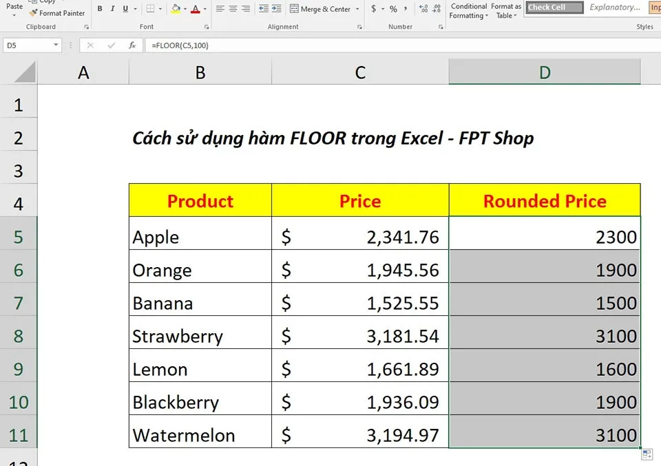 Cách sử dụng hàm FLOOR trong Excel