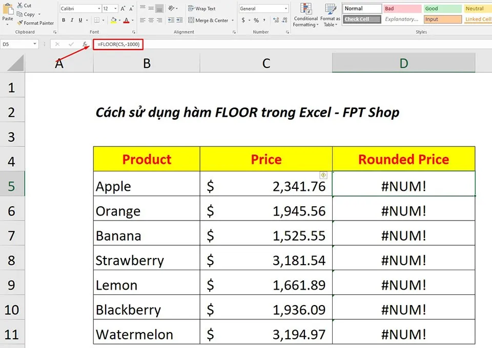 Cách sử dụng hàm FLOOR trong Excel