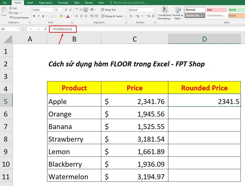 Cách sử dụng hàm FLOOR trong Excel