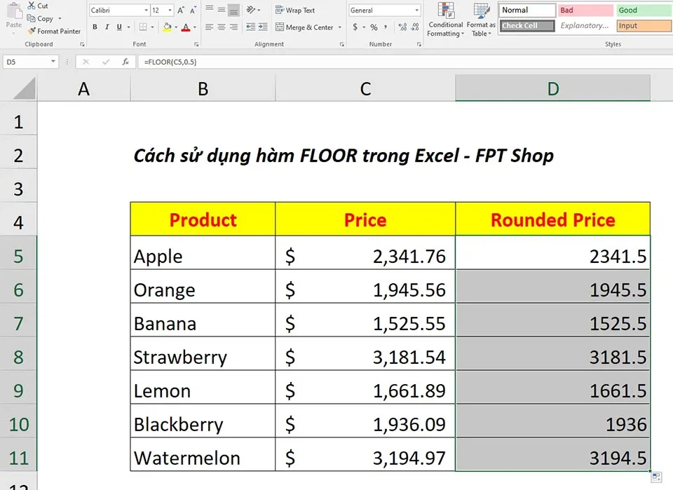 Cách sử dụng hàm FLOOR trong Excel