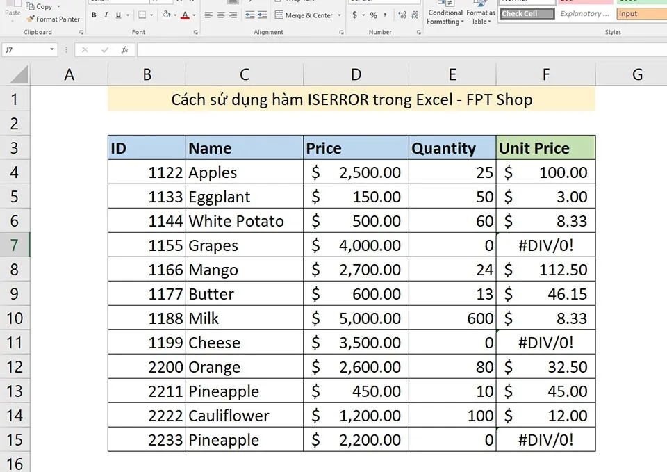 Cách sử dụng hàm ISERROR trong Excel