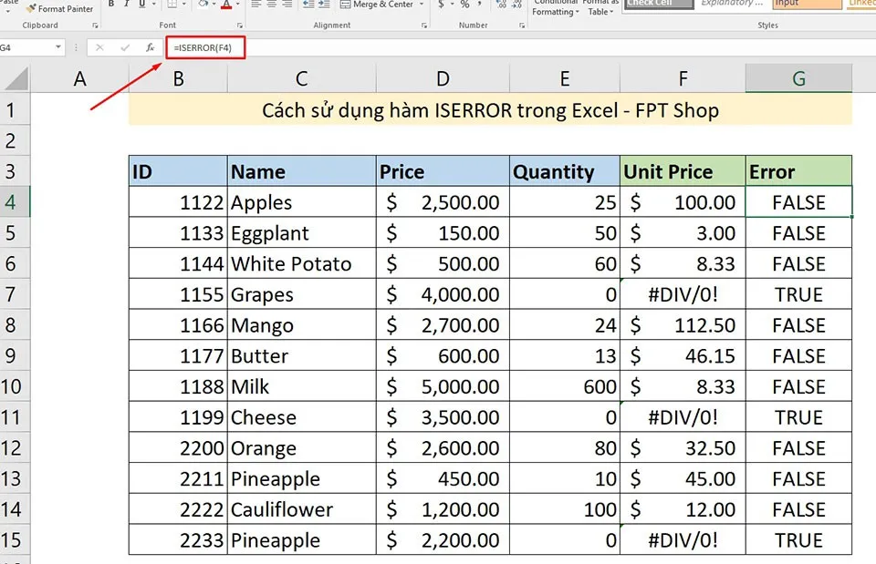 Cách sử dụng hàm ISERROR trong Excel