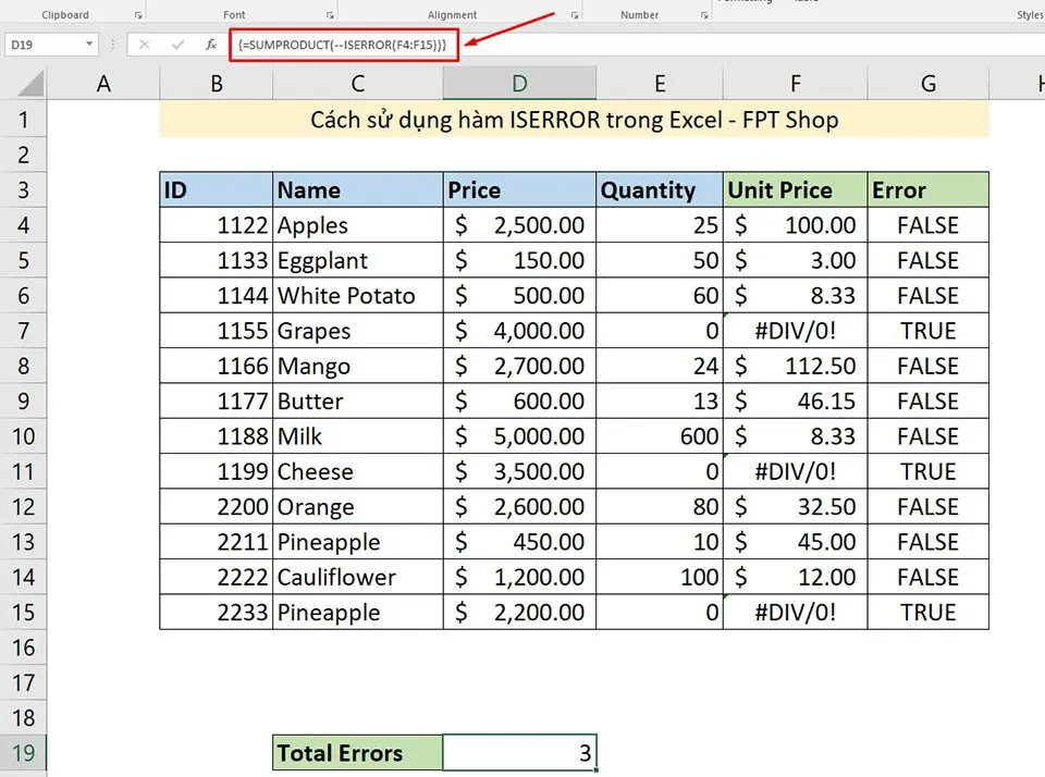 Cách sử dụng hàm ISERROR trong Excel