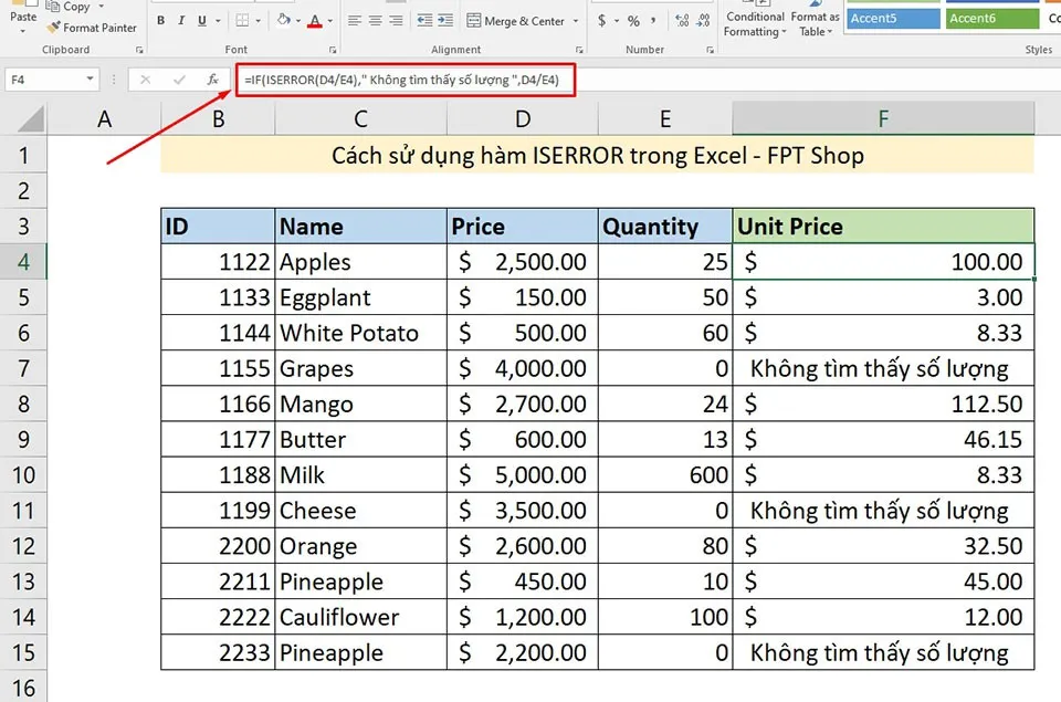 Cách sử dụng hàm ISERROR trong Excel